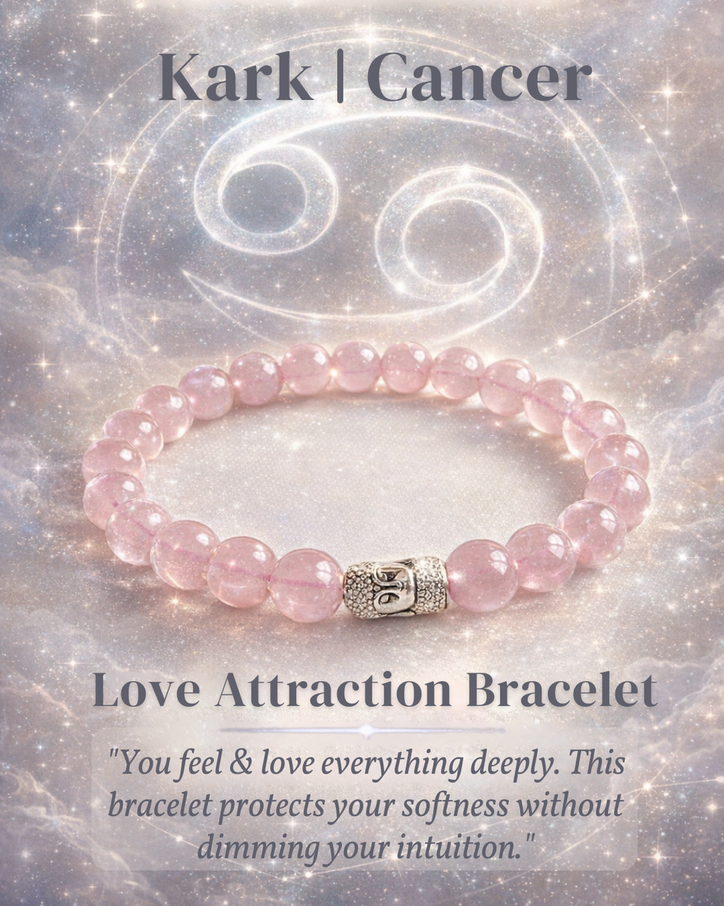 Rose Quartz Love Attraction Bracelet with Kark | Cancer Zodiac Charm