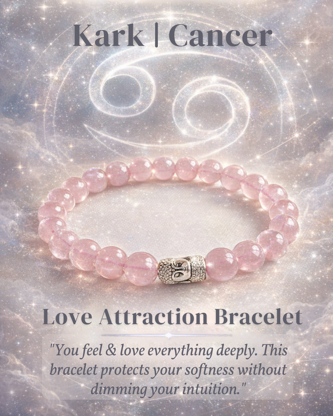 Rose Quartz Love Attraction Bracelet with Kark | Cancer Zodiac Charm