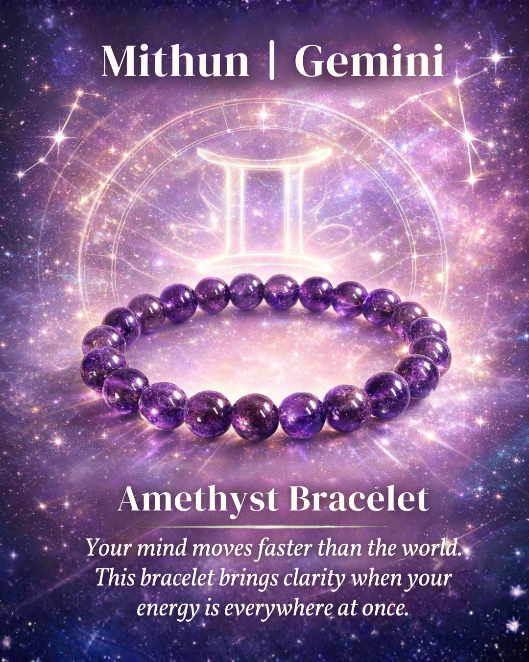 Amethyst Bracelet with Mithun | Gemini Zodiac Charm