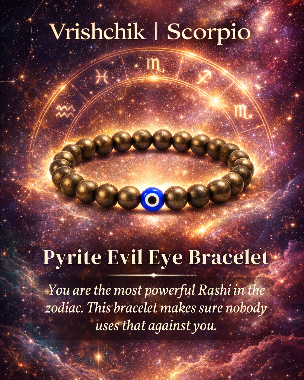 Pyrite Evil Eye Bracelet with Vrishchik | Scorpio Zodiac Charm