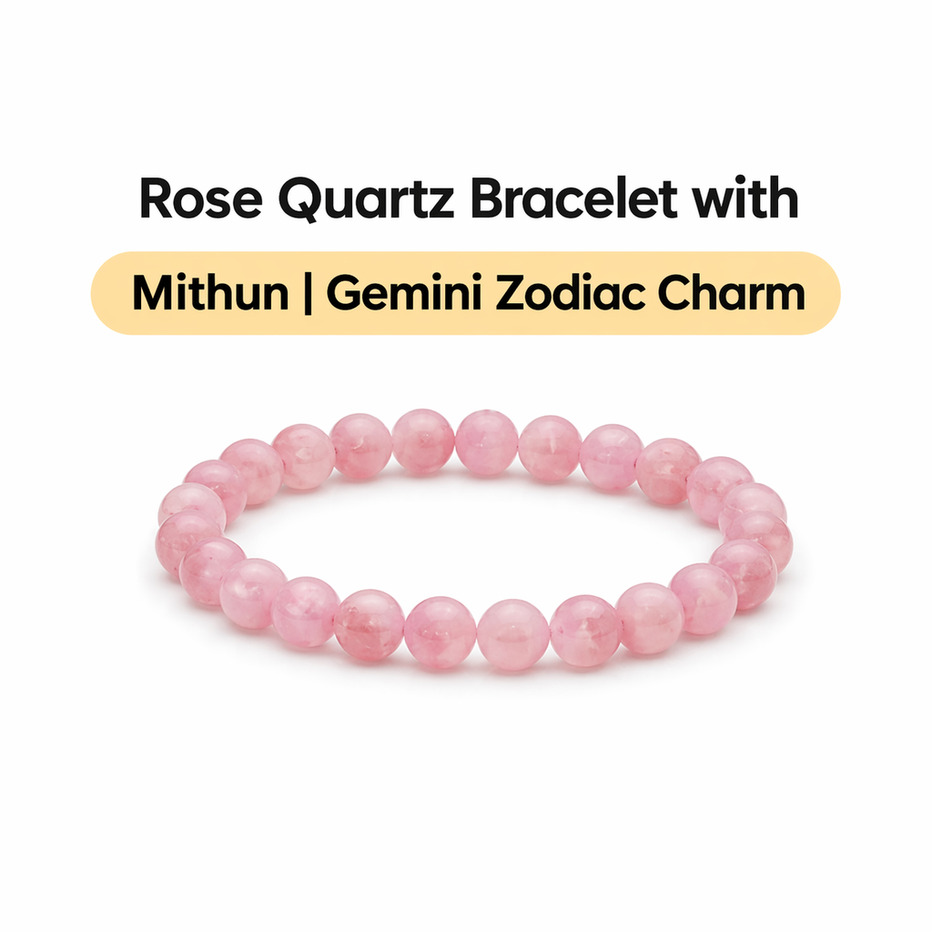 Rose Quartz Bracelet with Mithun | Gemini Zodiac Charm