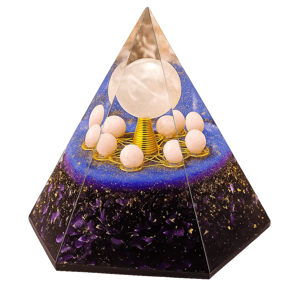 Orgonite Pyramid with Rose Quartz, Amethyst Crystals & Gold Specks