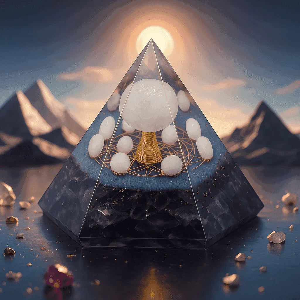 Orgonite Pyramid with Rose Quartz, Amethyst Crystals & Gold Specks