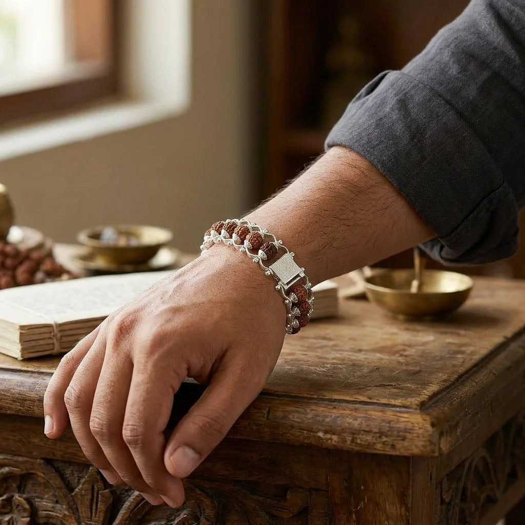 Silver plated Rudraksha bracelet - Panch Mukhi