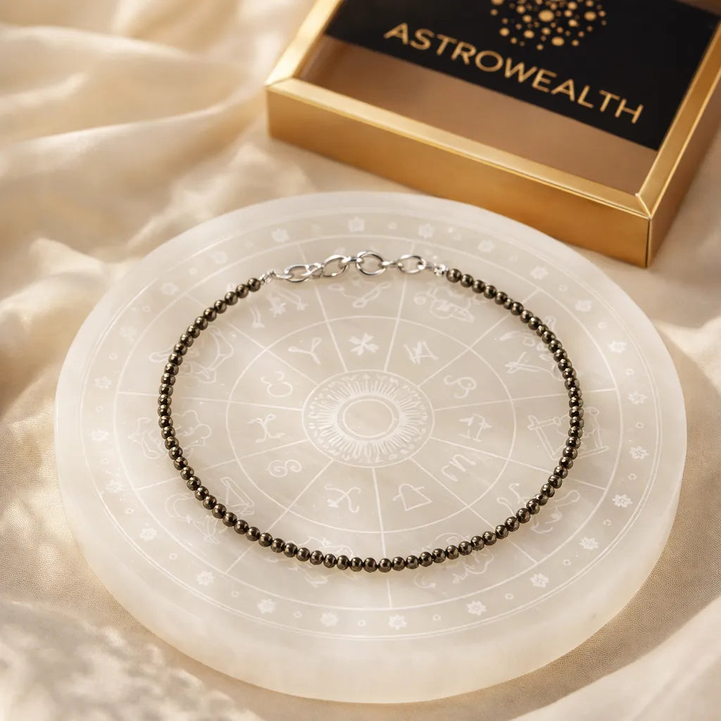 Buy Raw Pyrite Anklet + Selenite Plate Online In India at Astrowealth - Raw Pyrite Anklet + Selenite Plate Benefits