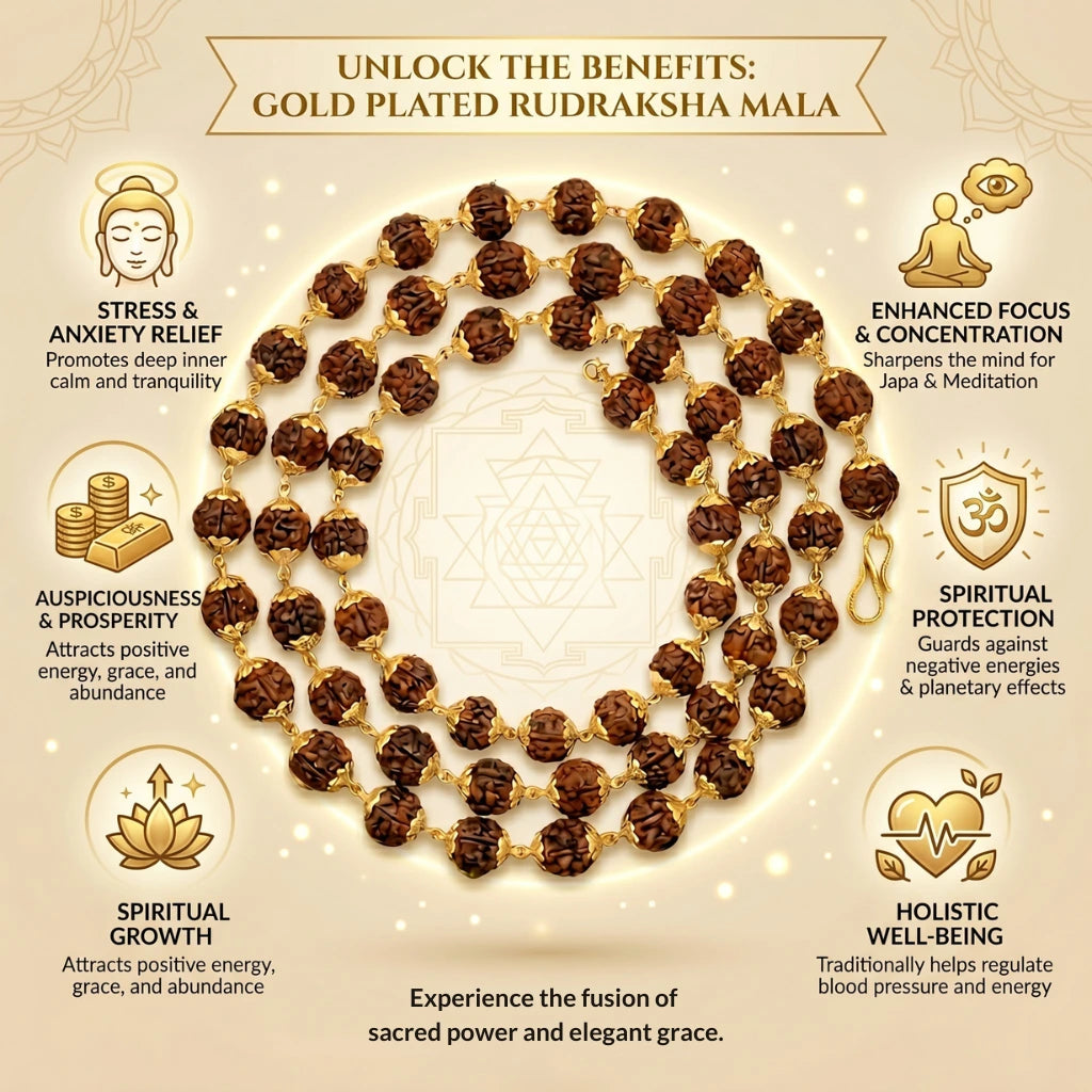Gold Plated Rudraksha Mala 7mm, 54 beads