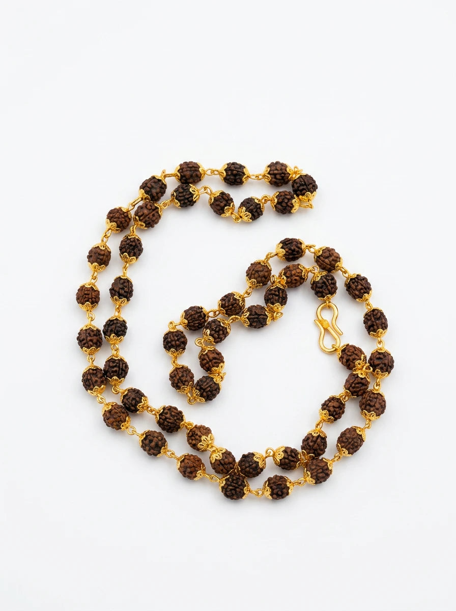 Gold Plated Rudraksha Mala 7mm, 54 beads