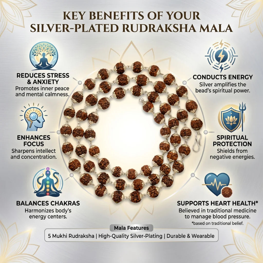 Silver Plated Rudraksha Mala 7mm, 54 Beads