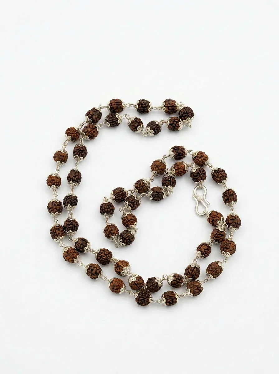 Silver Plated Rudraksha Mala 7mm, 54 Beads